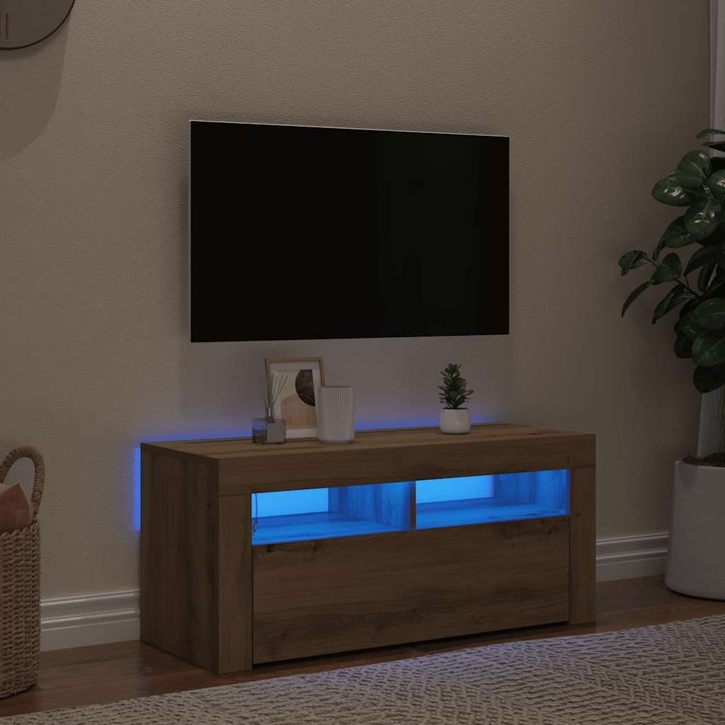 vidaXL TV Cabinet with LED Lights Artisan Oak 90x35x40 cm Engineered Wood 3