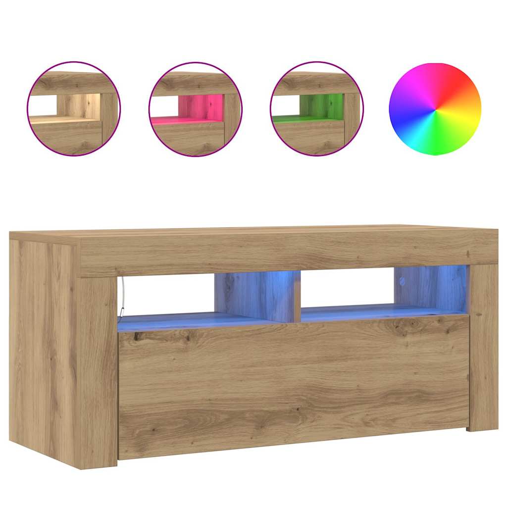 vidaXL TV Cabinet with LED Lights Artisan Oak 90x35x40 cm Engineered Wood 4