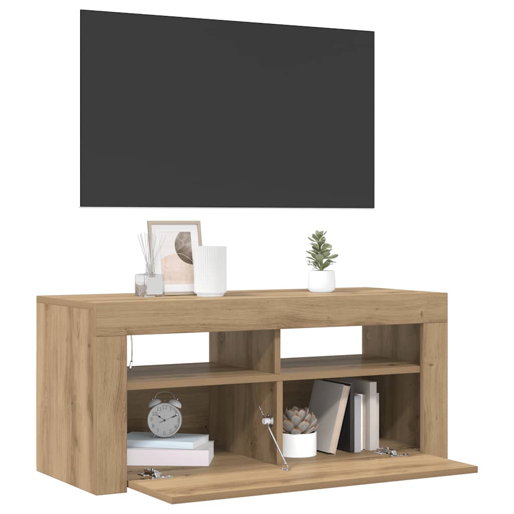 vidaXL TV Cabinet with LED Lights Artisan Oak 90x35x40 cm Engineered Wood 5