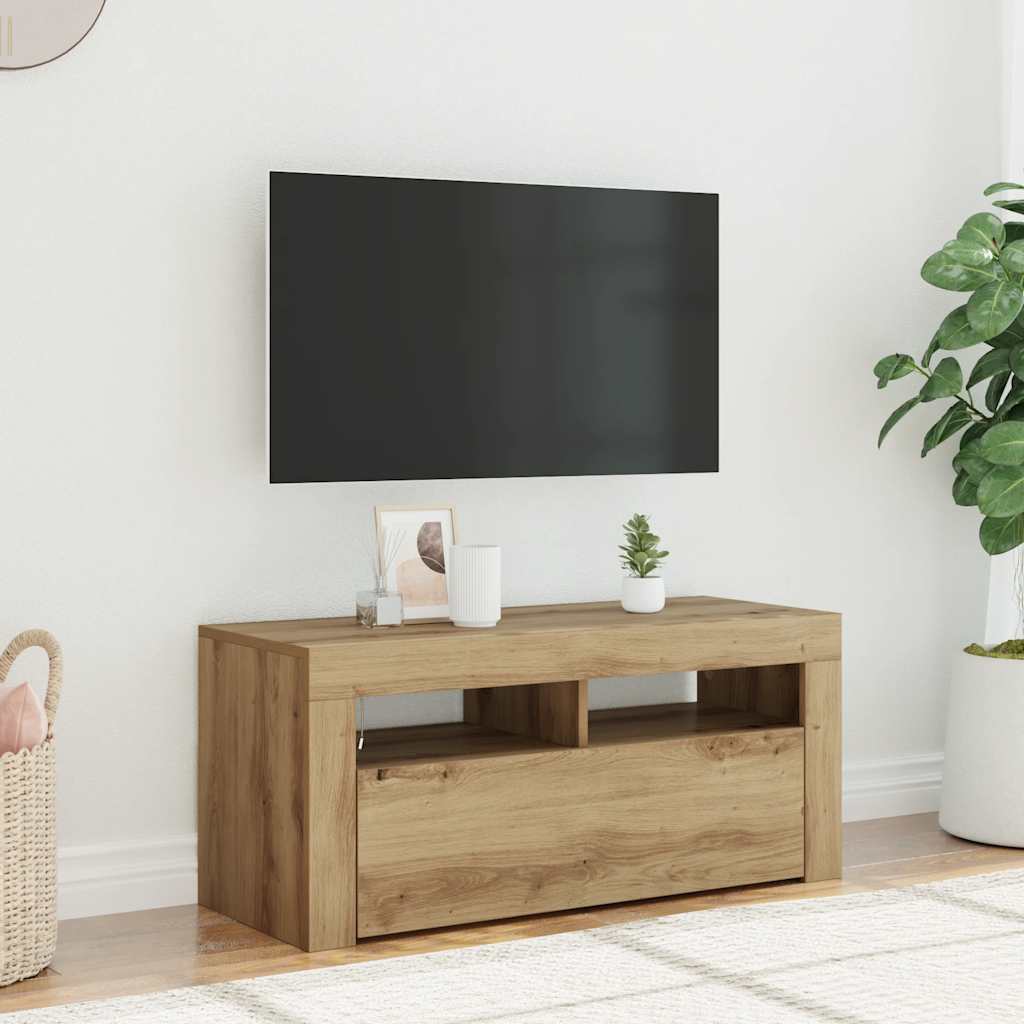 vidaXL TV Cabinet with LED Lights Artisan Oak 90x35x40 cm Engineered Wood 1