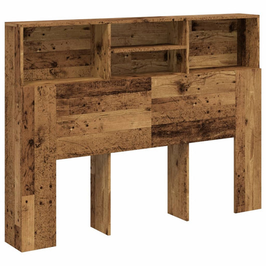 Headboard cabinet with old wood finish, showing the full width and shelving