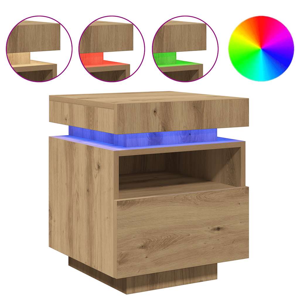vidaXL Bedside Cabinet with LED Lights Artisan Oak 40x39x48,5 cm 2