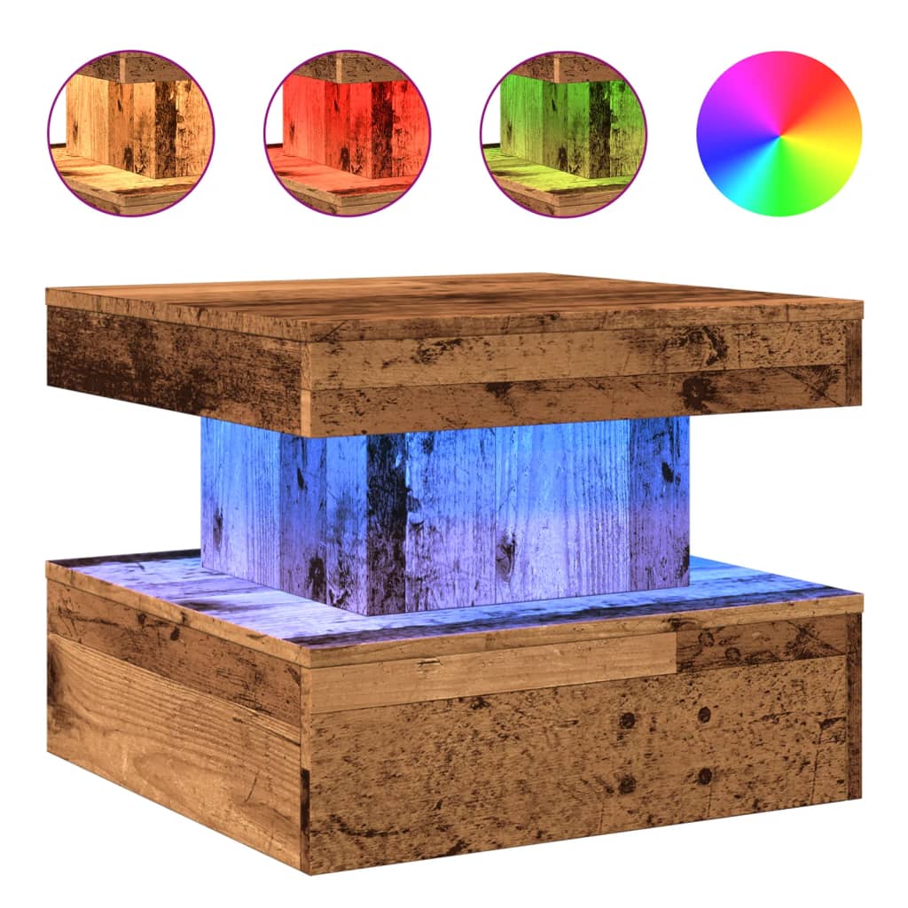 vidaXL Coffee Table with LED Lights Old Wood 50x50x40 cm 2