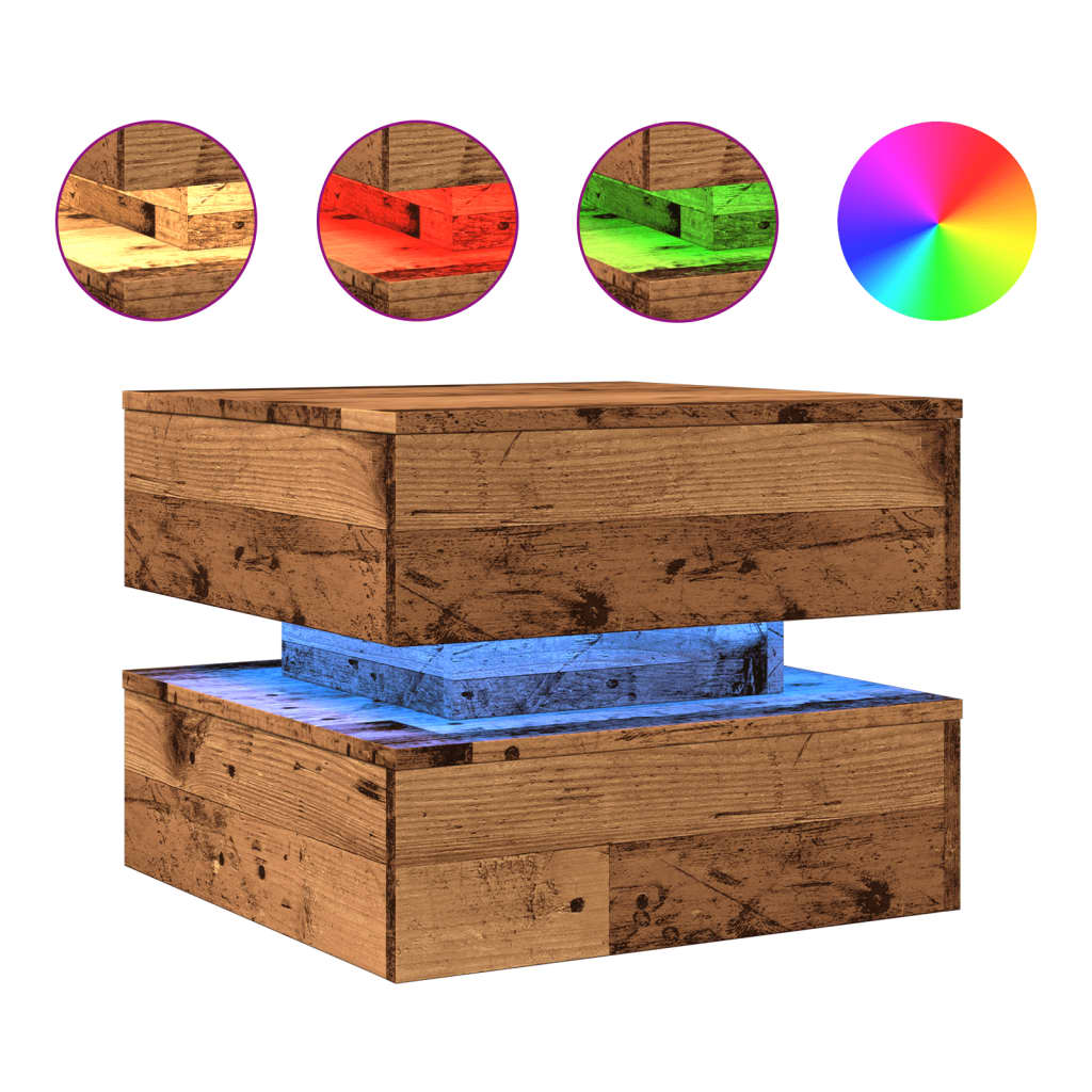 vidaXL Coffee Table with LED Lights Old Wood 50x50x40 cm 2