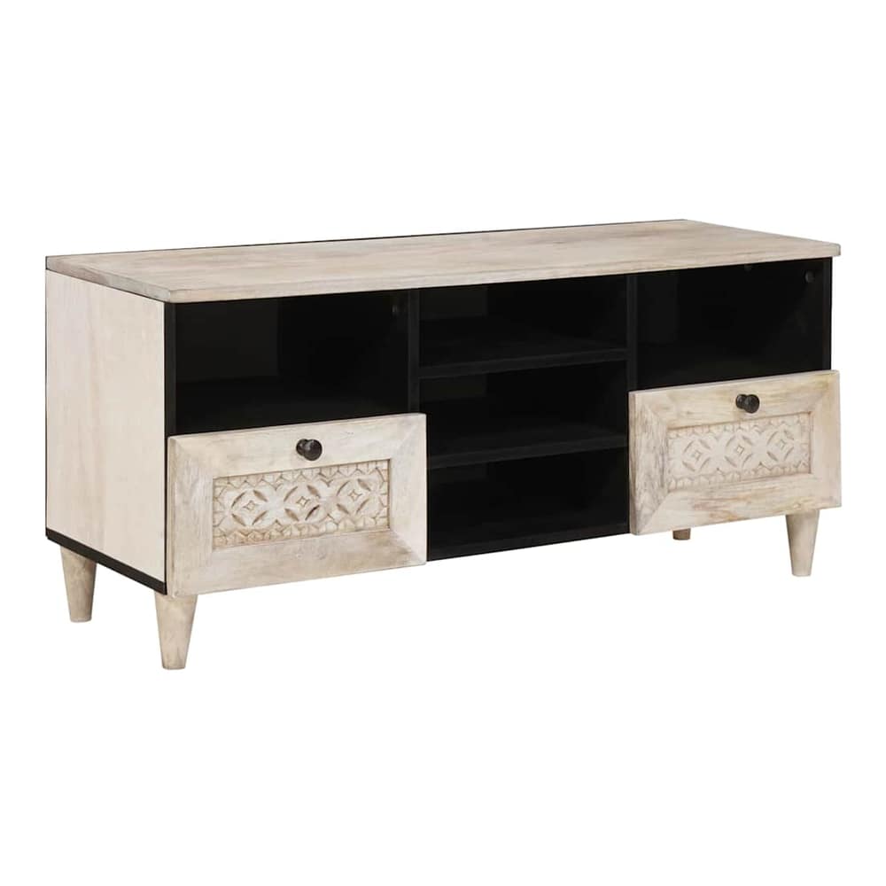 TV Cabinet with Drawer 100 x 33 x 46 cm Solid Mango Wood White (bleached finish)