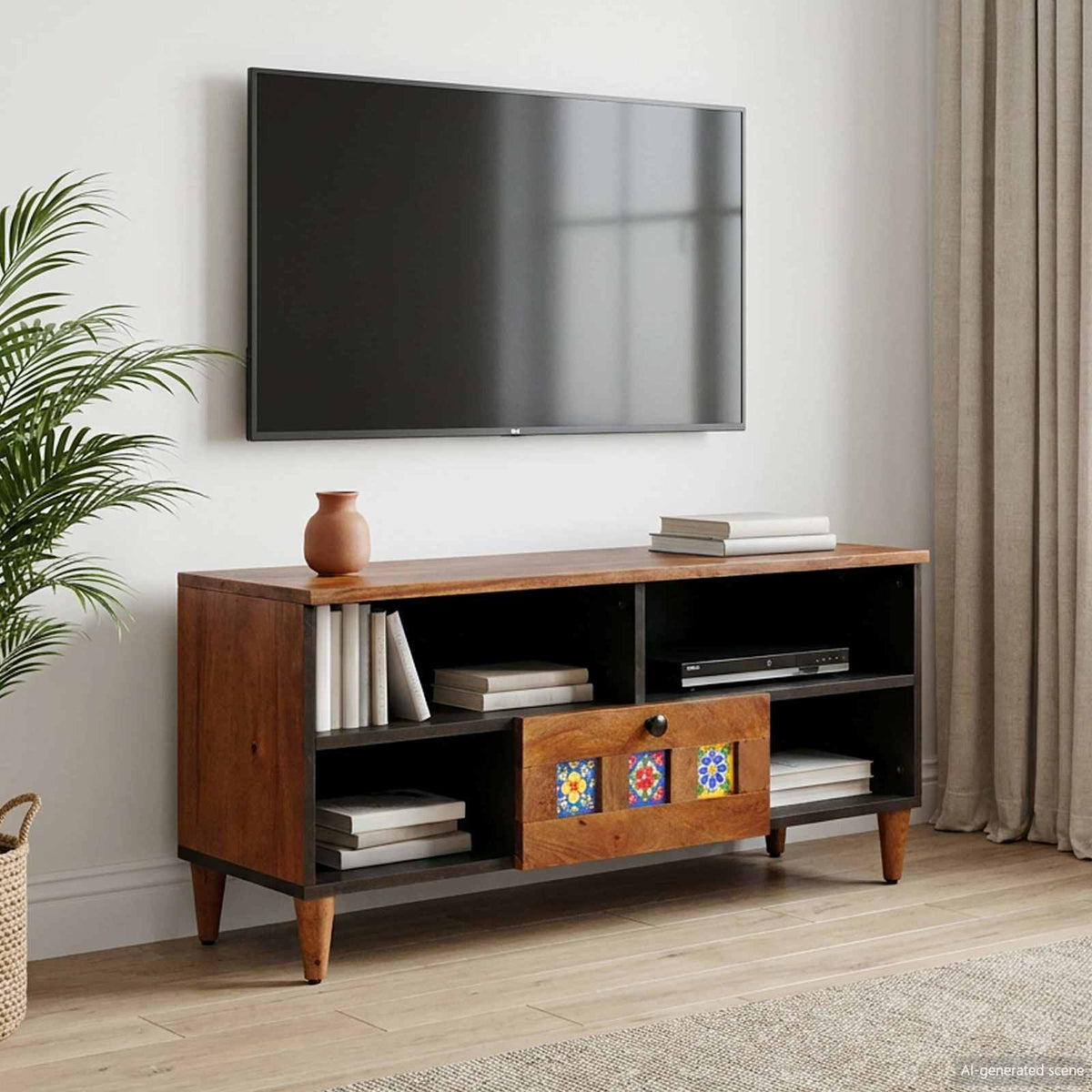 vidaXL TV Cabinet with Drawer Walnut 100 x 33 x 46 cm Solid Mango Wood 1