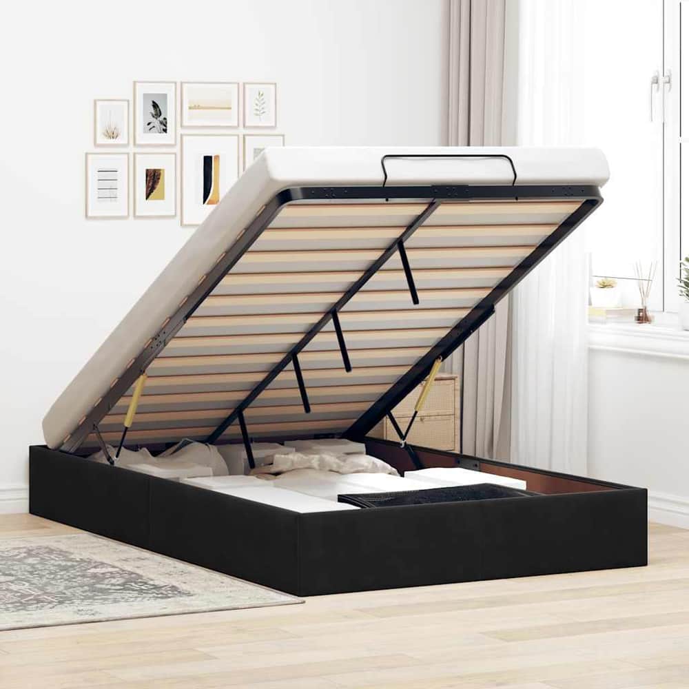 Ottoman Bed Frame No Mattress Single Velvet Black 4FT6 Double