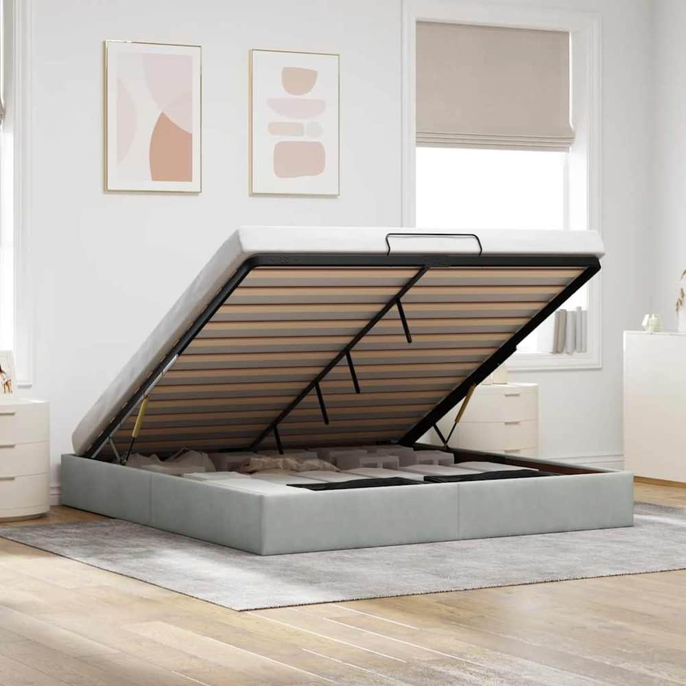Ottoman Bed Frame No Mattress Single Velvet Light grey 6FT Super King Size