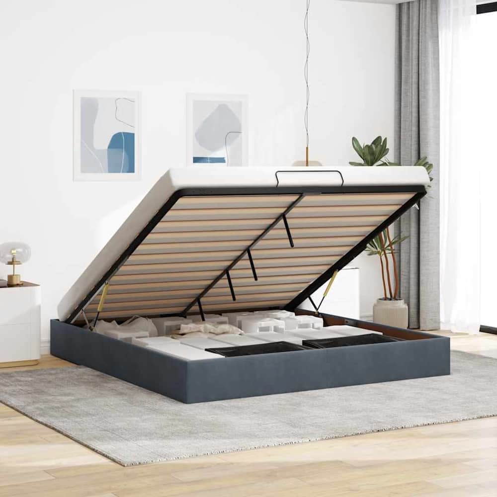 Ottoman Bed Frame No Mattress Single Velvet Dark grey 6FT Super King Size