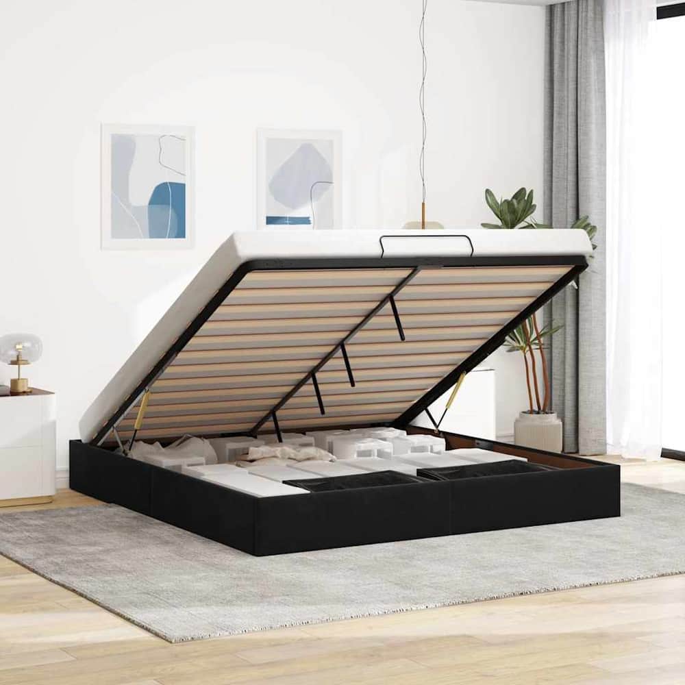 Ottoman Bed Frame No Mattress Single Velvet Black 6FT Super King Size