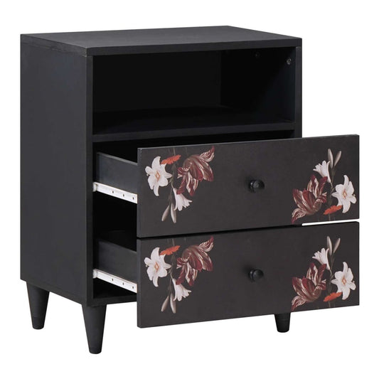 Bedside table with one drawer pulled out showing the runners