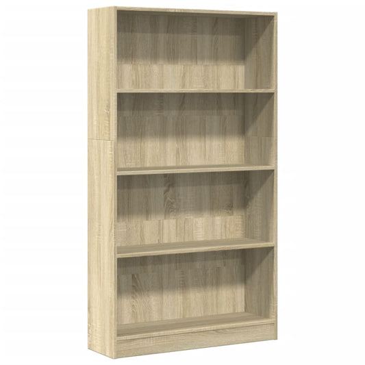The empty bookcase showing the wood grain finish and four open storage compartments