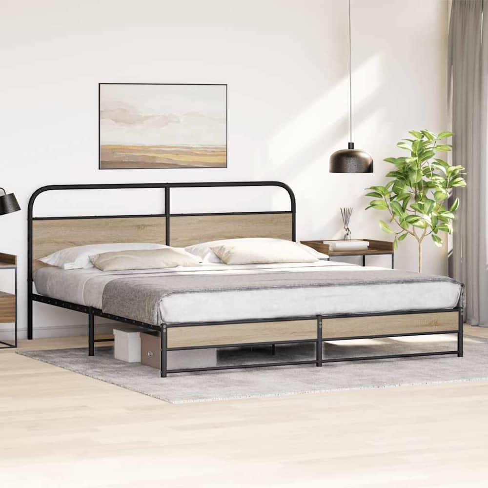 Bed Frame Without Mattress Engineered Wood Smoked Oak Length 200 cm with Headboard & Dual Low Footboard 200 cm