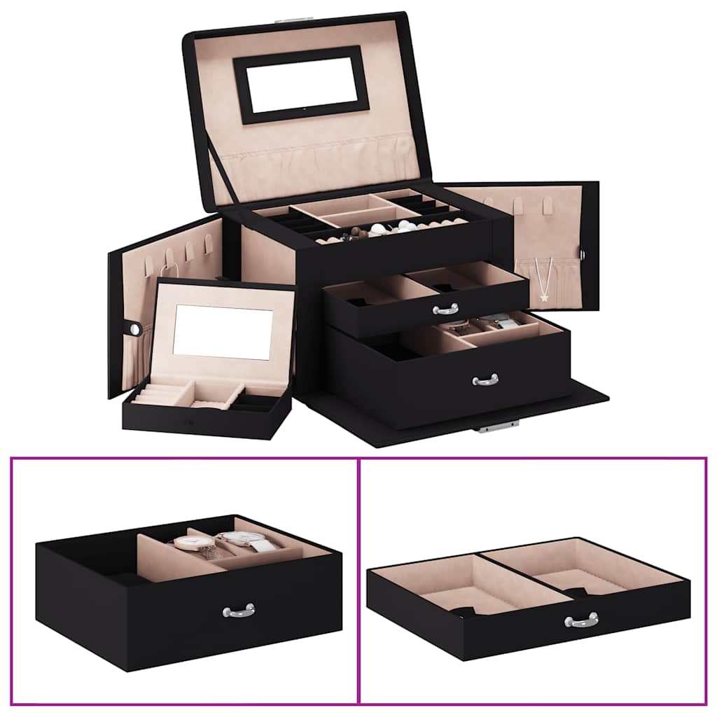 vidaXL Jewellery Box 3-Layer with Mirror Lockable Black 26x18x17.5 cm 1
