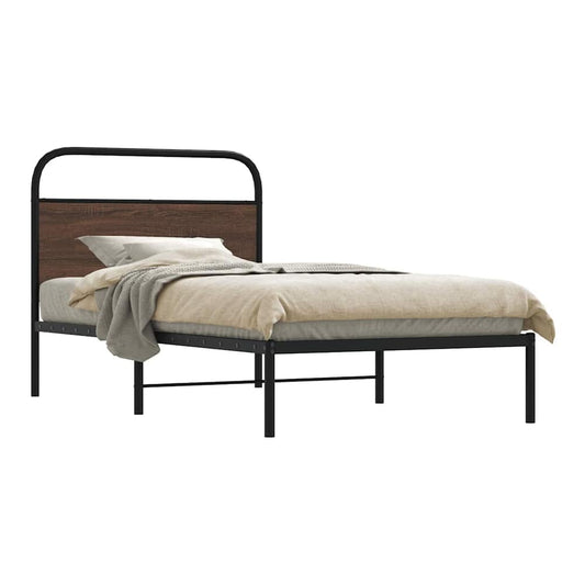 Metal Bed Frame without Mattress Brown Oak Length 203 cm 107 cm With headboard