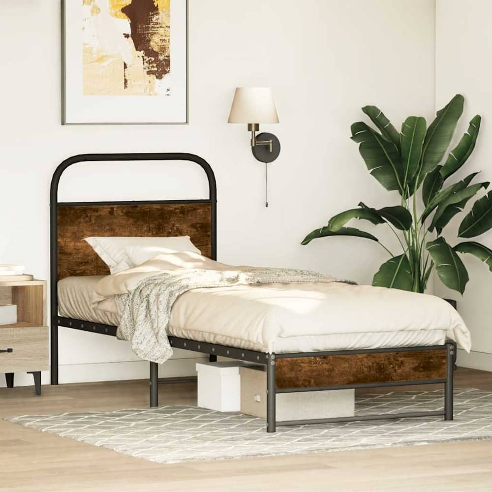 vidaXL Bed Frame Without Mattress Engineered Wood Smoked Oak Length 200 cm with Headboard & Dual Low Footboard