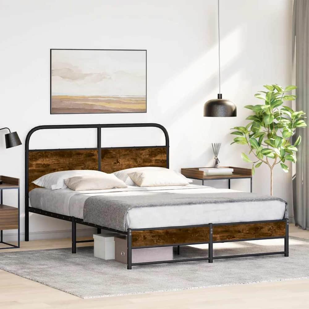 Bed Frame Without Mattress Engineered Wood Smoked Oak Length 200 cm with Headboard & Dual Low Footboard 140 cm