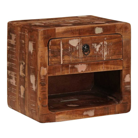 The multicoloured bedside cabinet with a drawer and an open shelf below