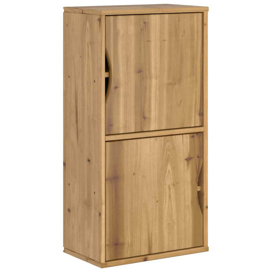 The wooden side cabinet with two stacked doors showing natural grain patterns