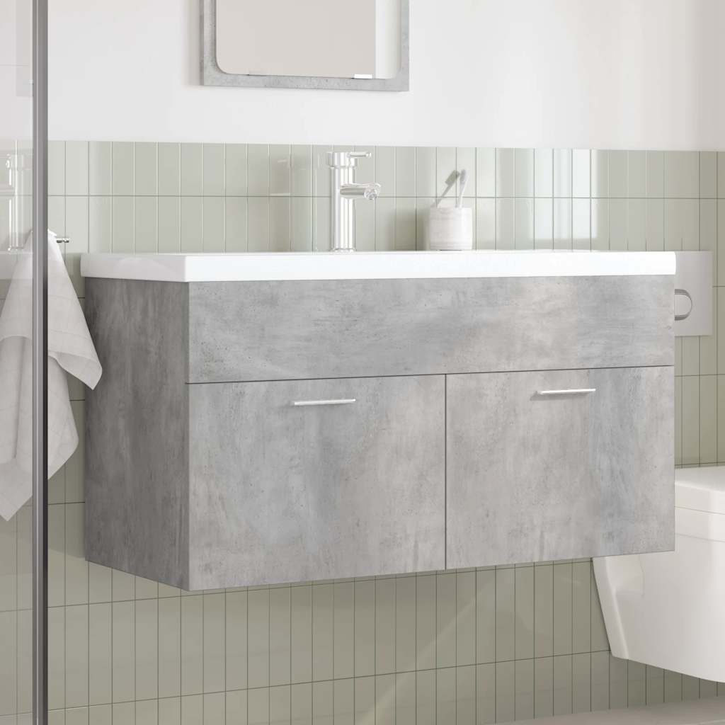 Sink Cabinet with Built-in Basin Engineered Wood Concrete grey 90 x 38.5 x 46 cm With faucet