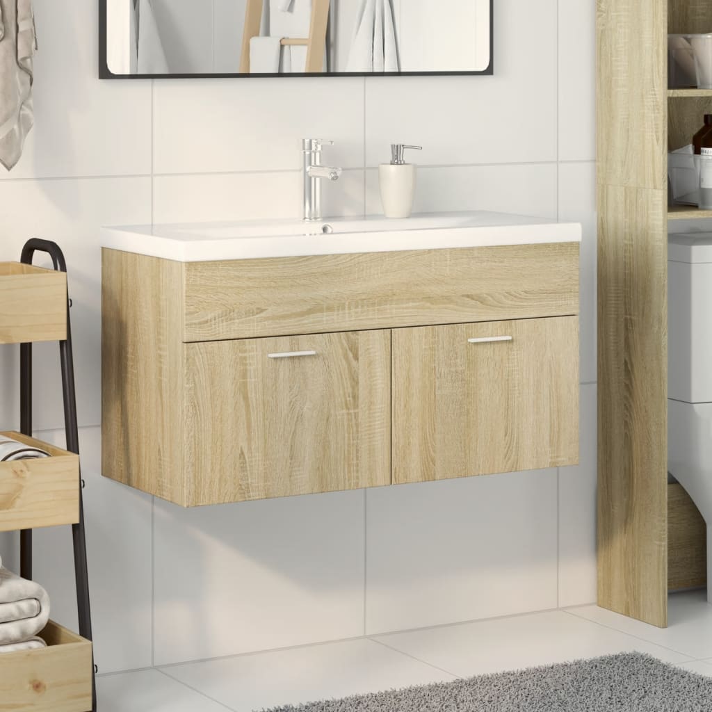 Sink Cabinet with Built-in Basin Engineered Wood Sonoma oak 90 x 38.5 x 46 cm Without faucet