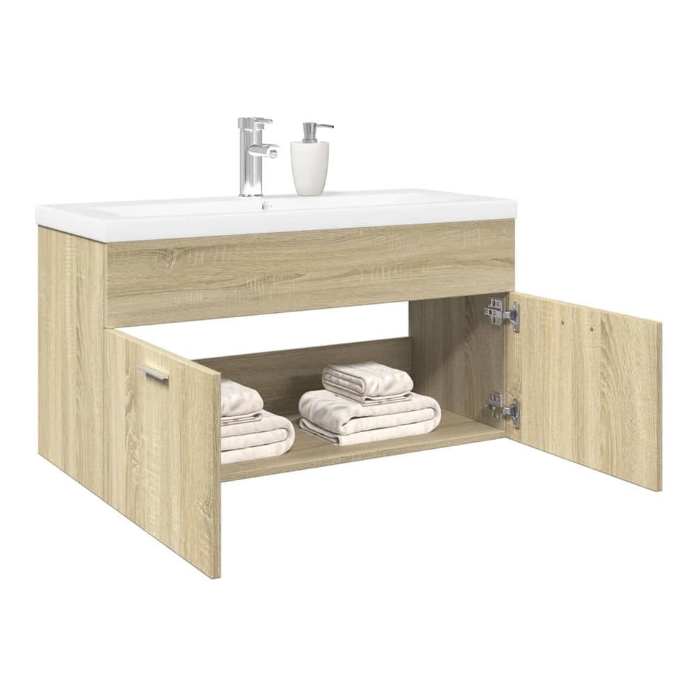 Sink Cabinet with Built-in Basin Engineered Wood Sonoma oak 90 x 38.5 x 46 cm Without faucet