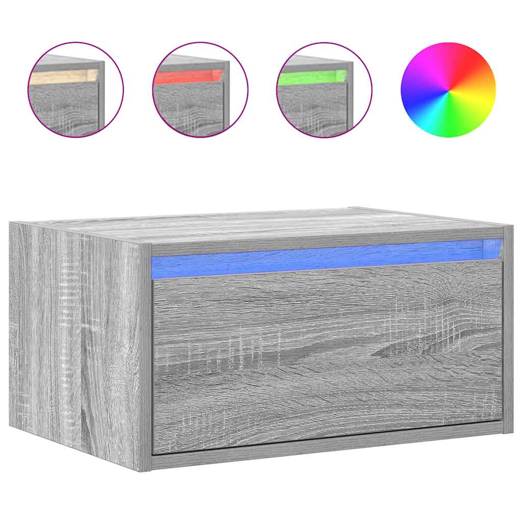 vidaXL Wall-mounted Bedside Cabinet with LED Lights Grey Sonoma 2