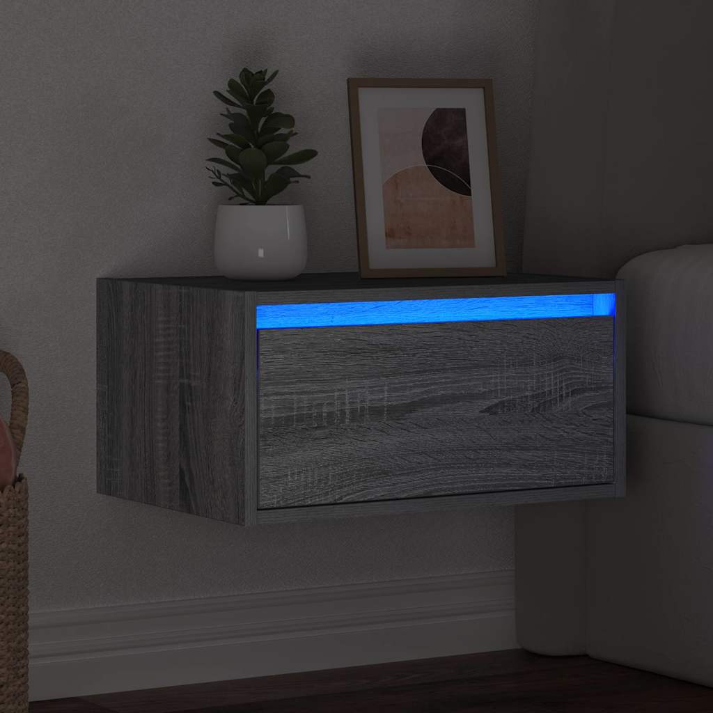 vidaXL Wall-mounted Bedside Cabinet with LED Lights Grey Sonoma 5