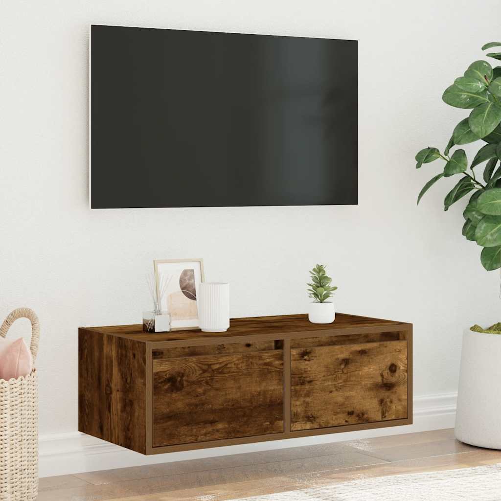 vidaXL TV Cabinet with LED Lights Smoked Oak 75x35.5x25 cm 4