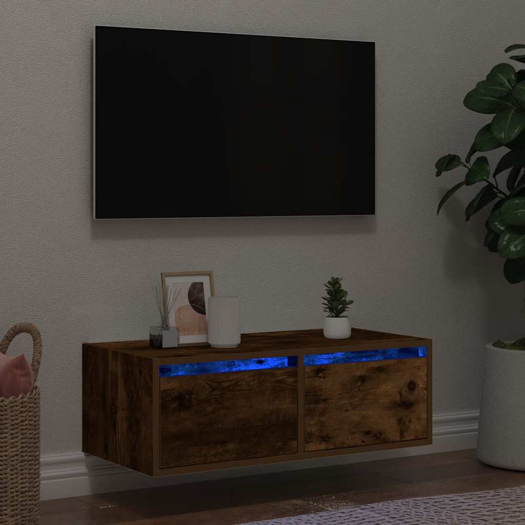 vidaXL TV Cabinet with LED Lights Smoked Oak 75x35.5x25 cm 1