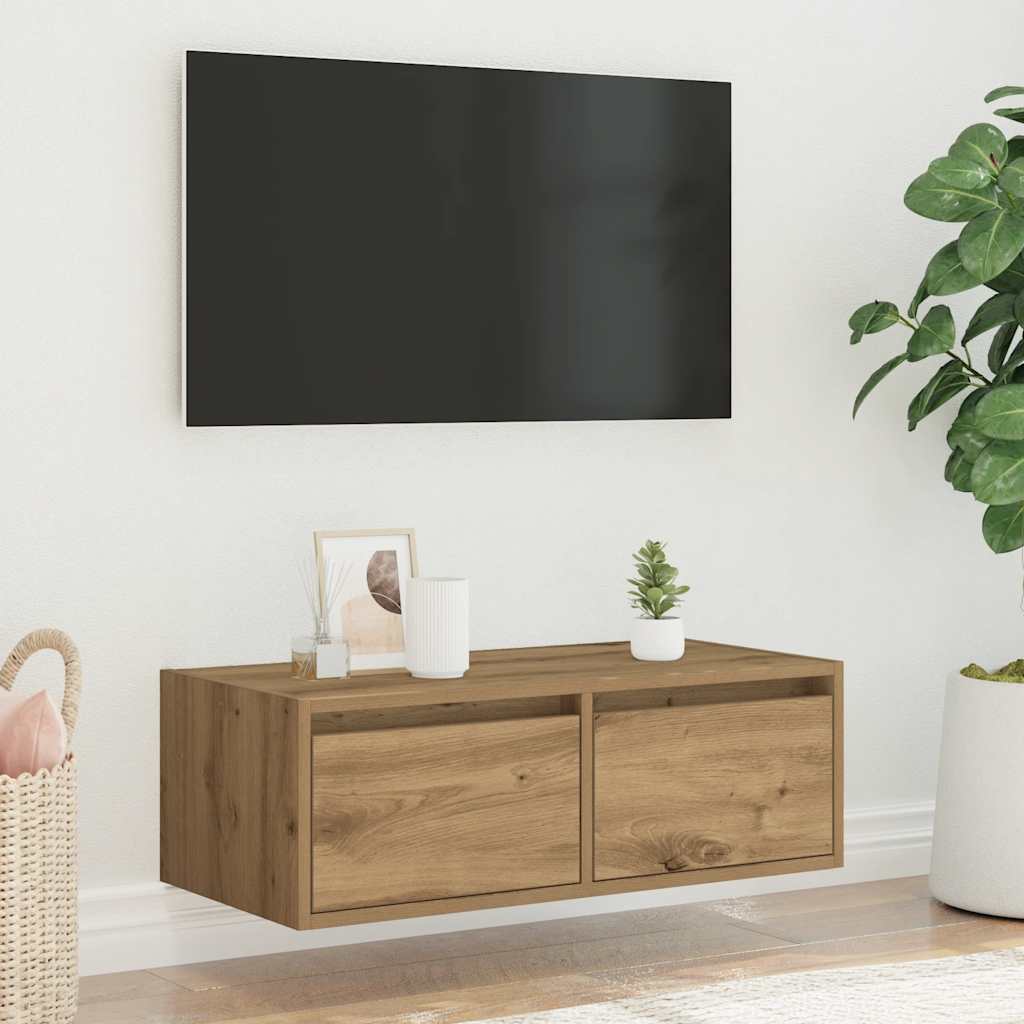 vidaXL TV Cabinet with LED Lights Artisan Oak 75x35.5x25 cm 4