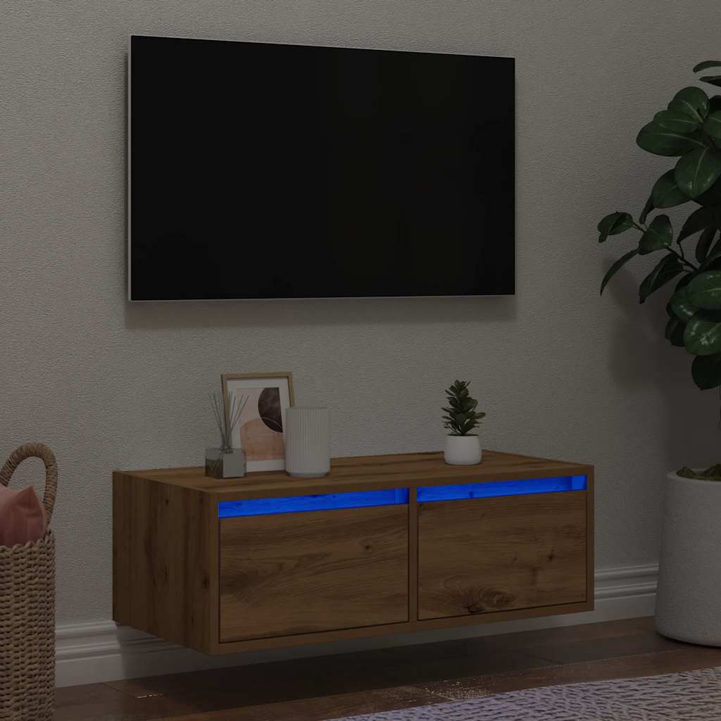 vidaXL TV Cabinet with LED Lights Artisan Oak 75x35.5x25 cm 1
