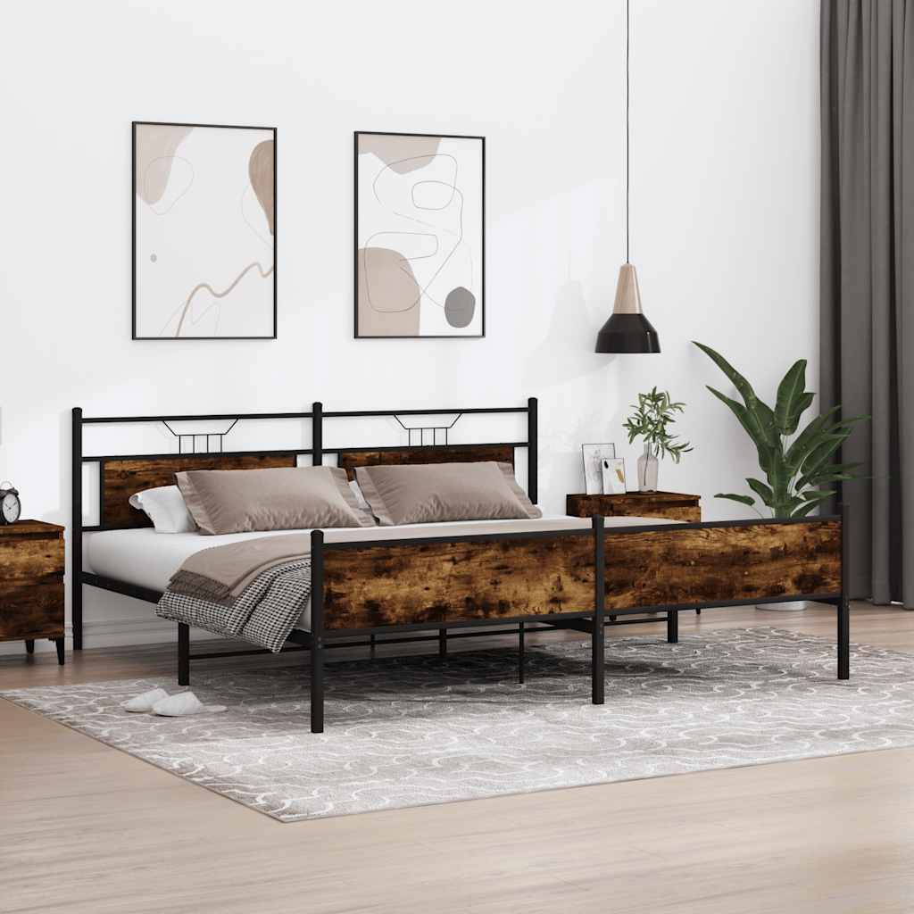 vidaXL Bed Frame without Mattress Engineered Wood Smoked Oak with Headboard & High Footboard