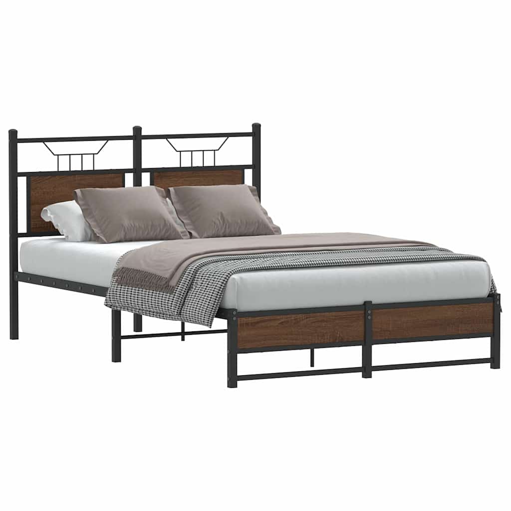 vidaXL Bed Frame without Mattress Engineered Wood Brown Oak with Headboard & Dual Low Footboard