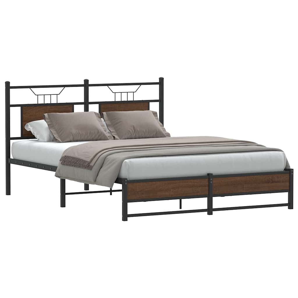 vidaXL Bed Frame without Mattress Engineered Wood Brown Oak with Headboard & Dual Low Footboard