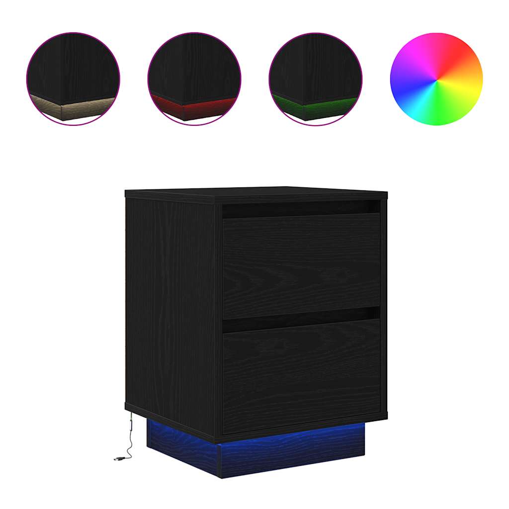 vidaXL Bedside Cabinet with LED Lights Black 38x34x50 cm 2