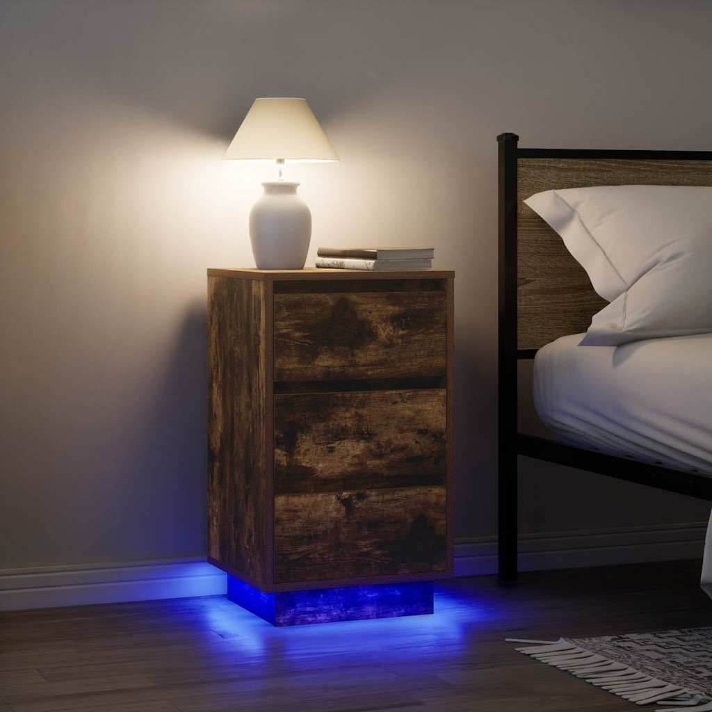 vidaXL Bedside Cabinet with LED Lights Smoked Oak 38x34x65 cm 1