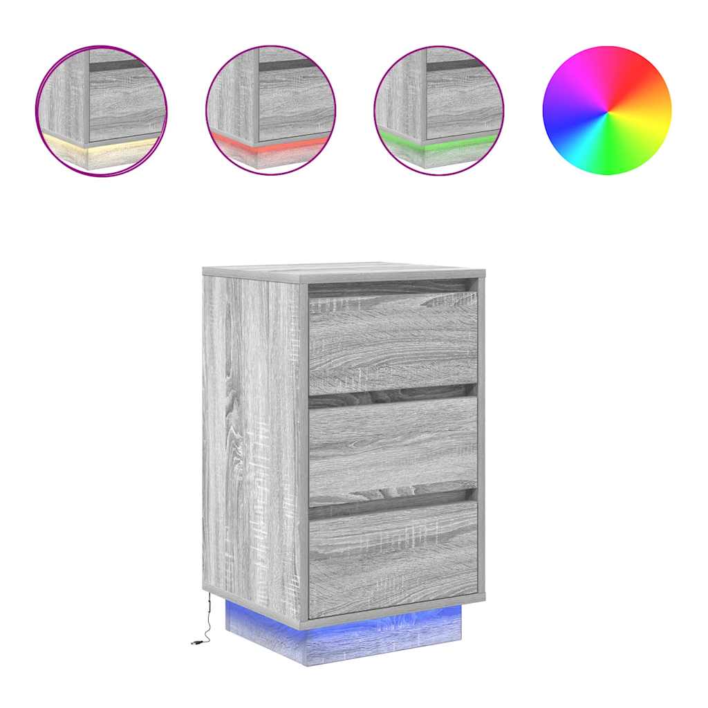 vidaXL Bedside Cabinet with LED Lights Grey Sonoma 38x34x65 cm 2