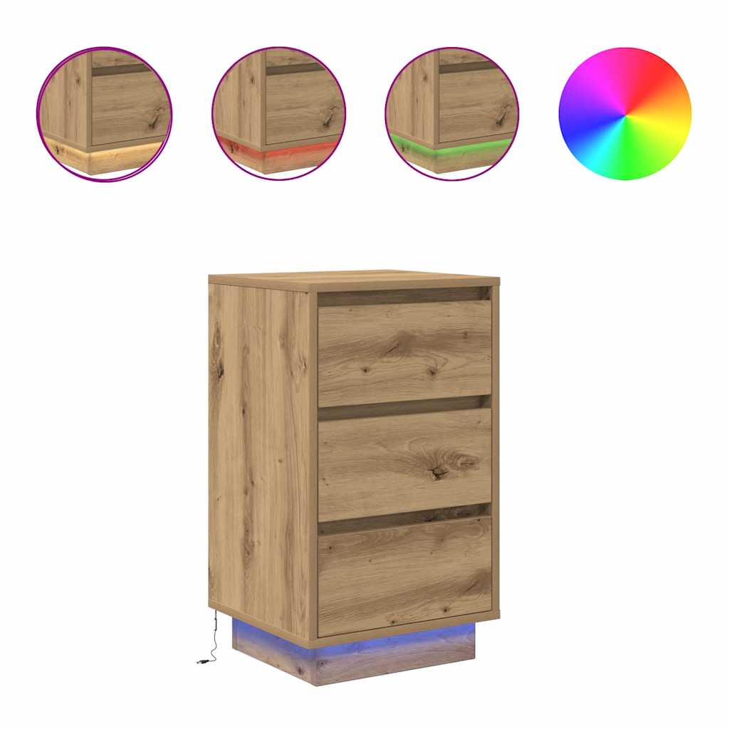 vidaXL Bedside Cabinet with LED Lights Artisan Oak 38x34x65 cm 2