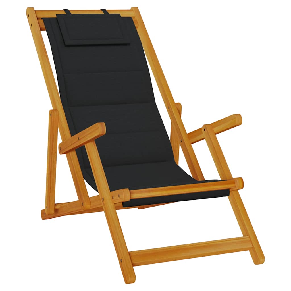 vidaXL Folding Chair with Armrests Black Acacia Wood & Textilene 2