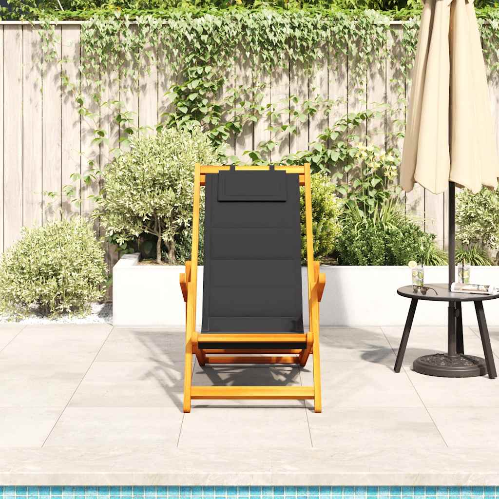 vidaXL Folding Chair with Armrests Black Acacia Wood & Textilene 3
