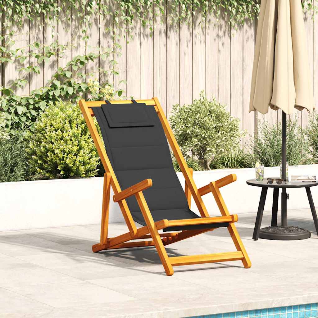vidaXL Folding Chair with Armrests Black Acacia Wood & Textilene 1