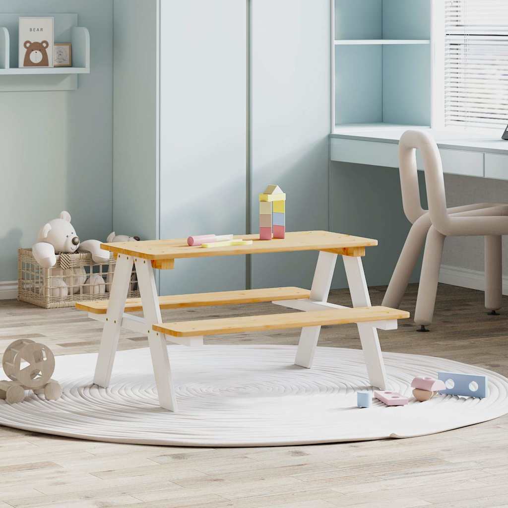 vidaXL Children's Table with Benches IRUN White 90x79.5x50cm Solid Wood 1