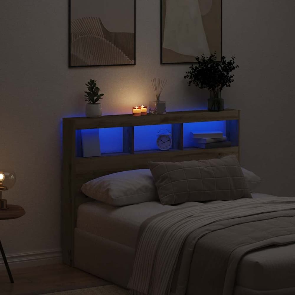 Headboard Cabinet with LED 140 x 17 x 102 cm Artisan oak