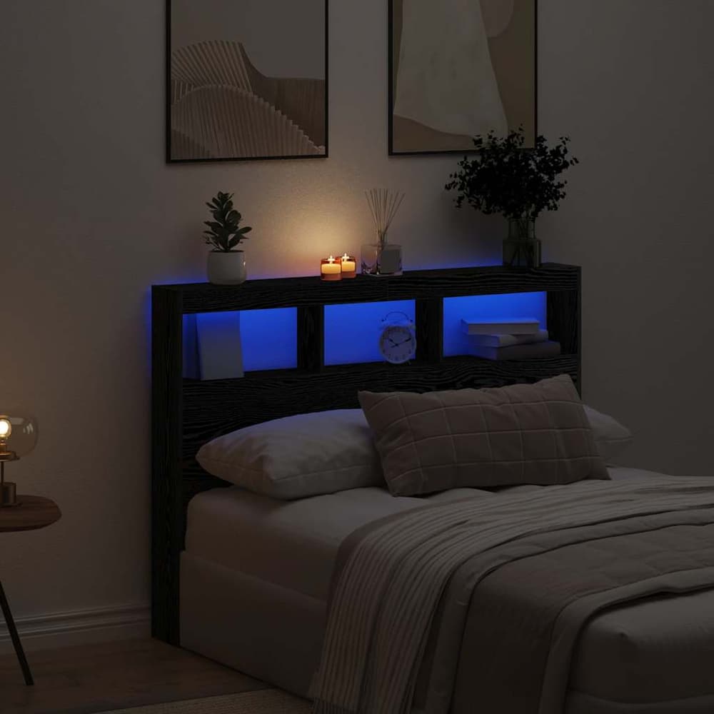 Headboard Cabinet with LED 140 x 17 x 102 cm Black oak