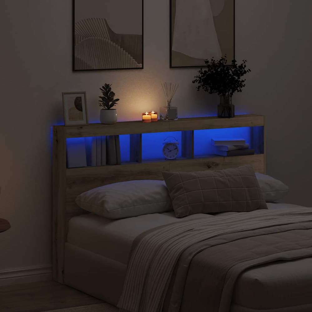 Headboard Cabinet with LED 160 x 17 x 102 cm Artisan oak