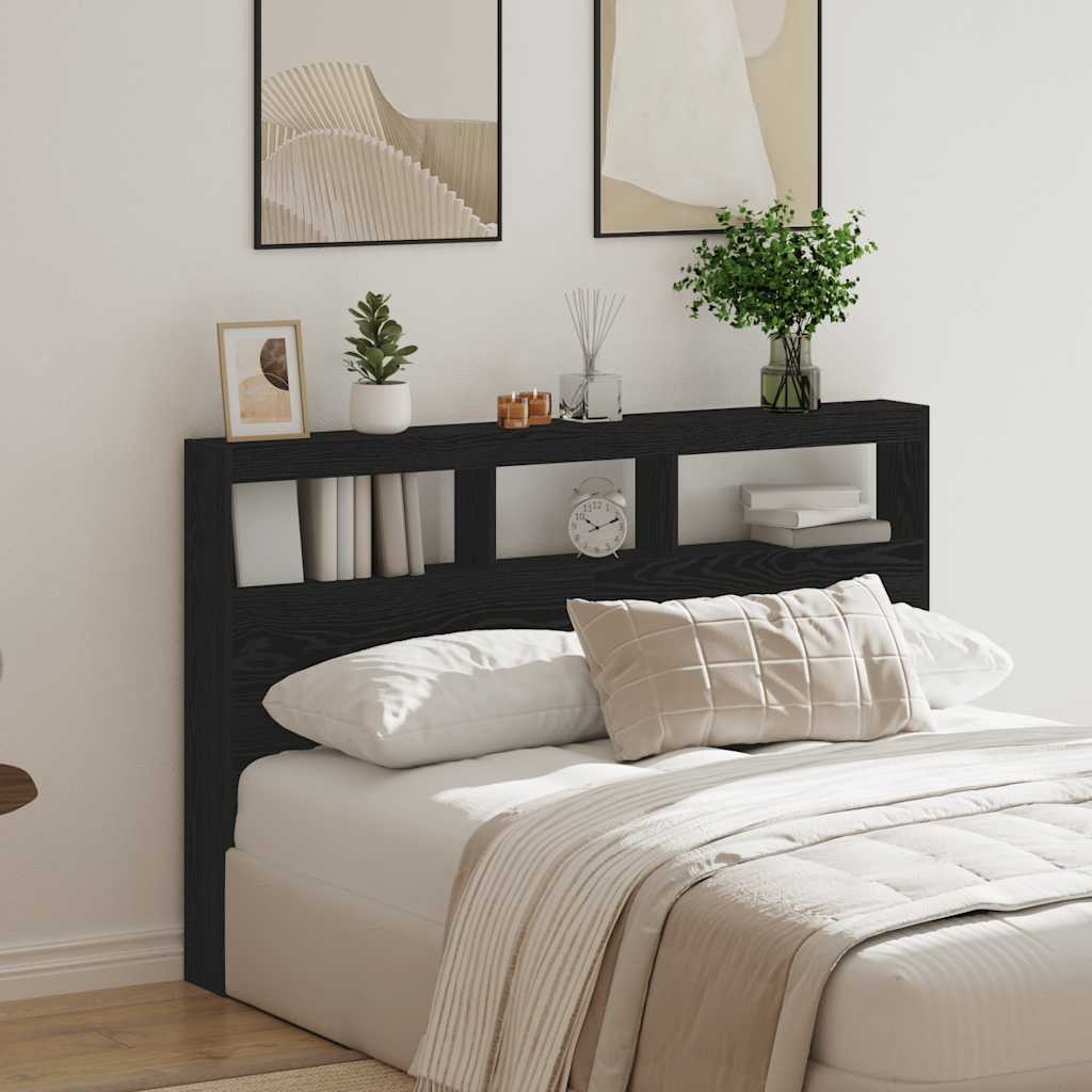 vidaXL Headboard Cabinet with LED Black Oak 160x17x102 cm 4