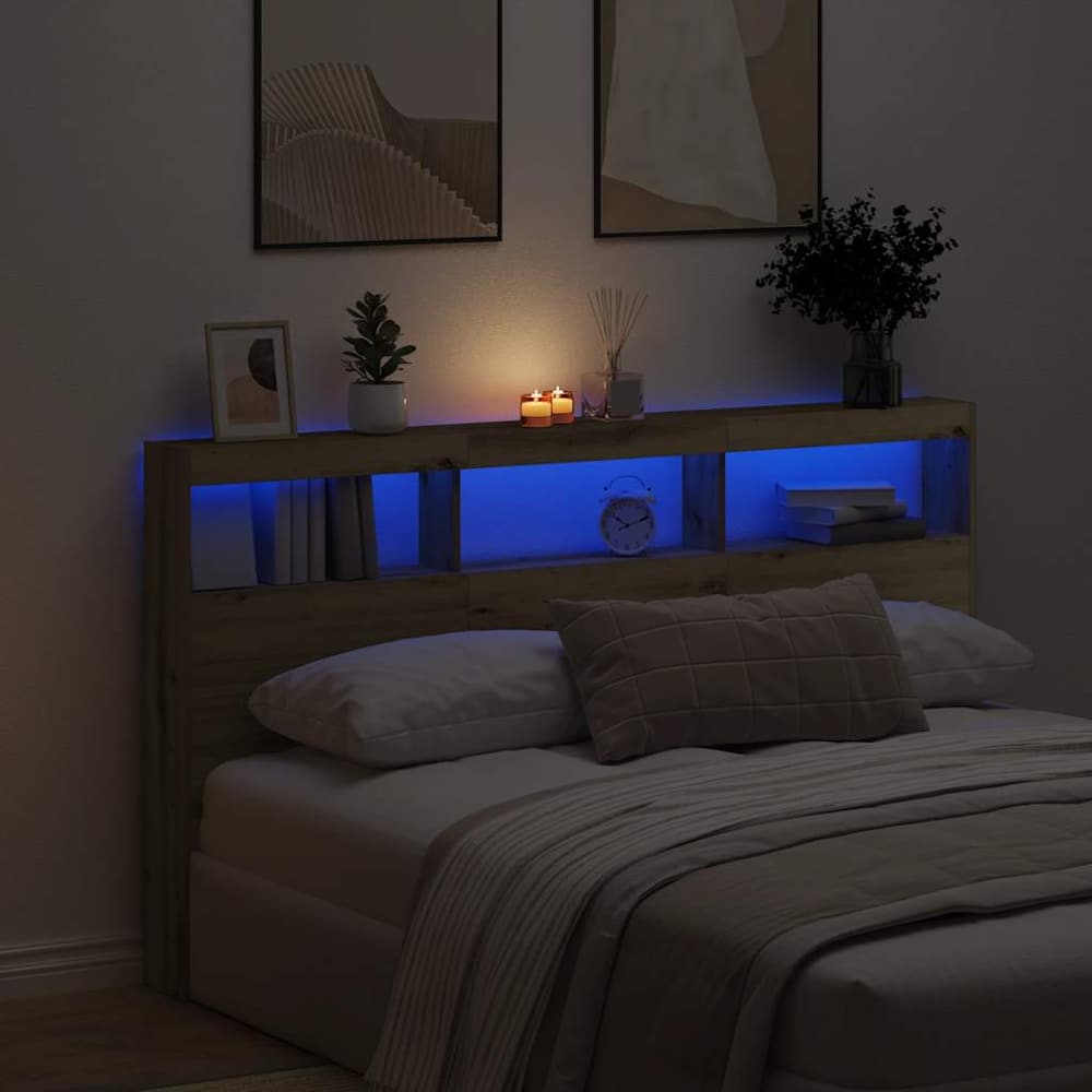 Headboard Cabinet with LED 180 x 17 x 102 cm Artisan oak