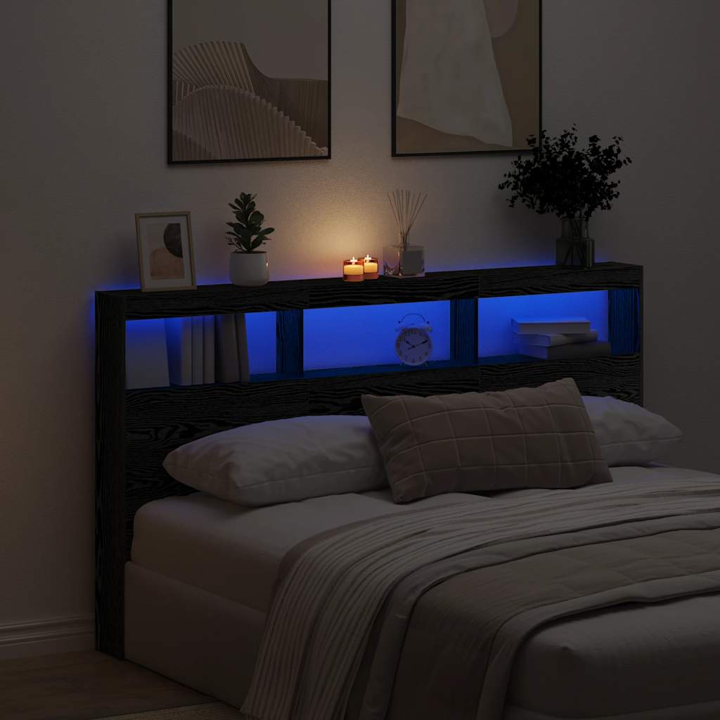 vidaXL Headboard Cabinet with LED Black Oak 180x17x102 cm 1