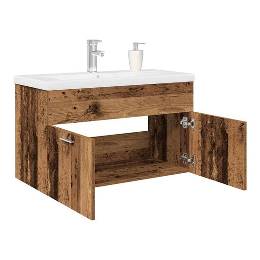Sink Cabinet with Built-in Basin Engineered Wood 80 x 38.5 x 46 cm Old wood with faucet